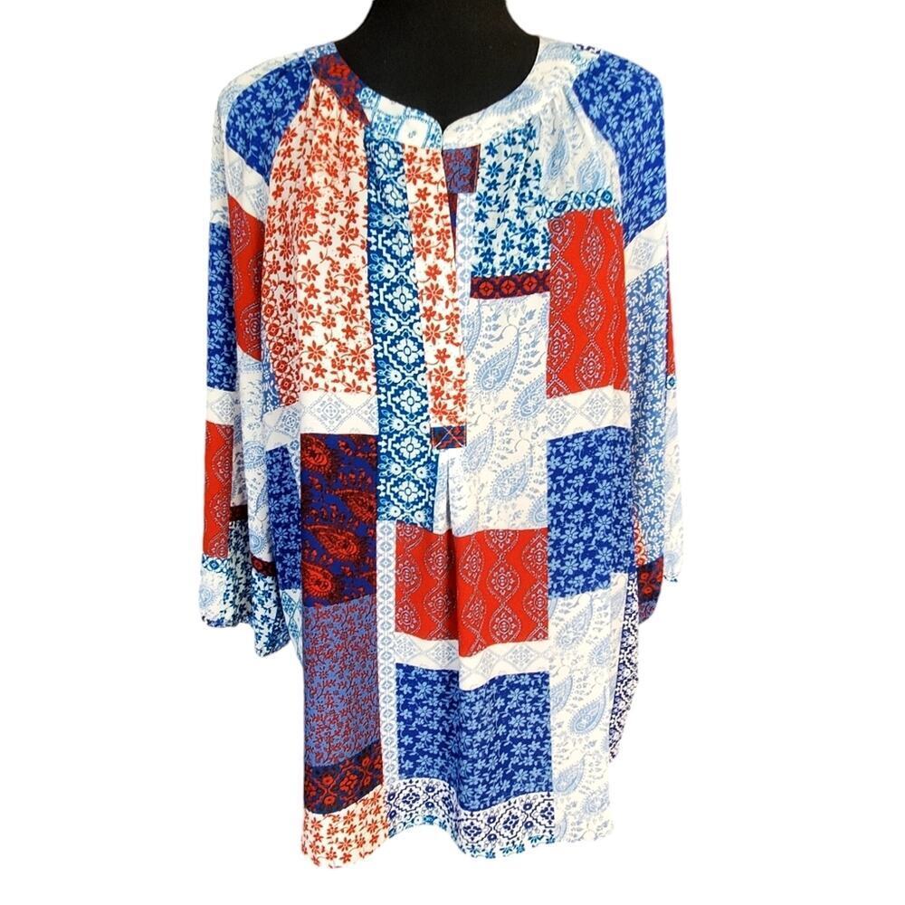 Zac & Rachel Size L Women’s red & blue patchwork design silky smooth | EUC